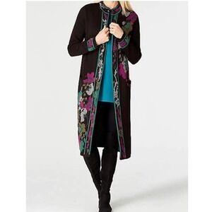 J‎ Jill Black Jacquard Black Floral Knit Long Cardigan Womens L Pet Snap Buttons
